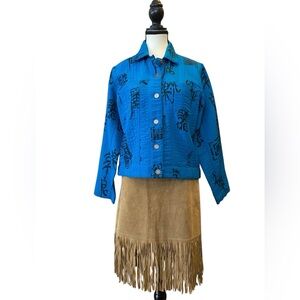 Chico’s textured turquoise jacket with Asian print  EUC fits Size M
